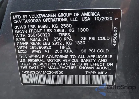 2021 Volkswagen Atlas Cross Sport 2.0T Se W/Technology z USA, uszkodzony, nr VIN 1V2HC2CA1MC204500